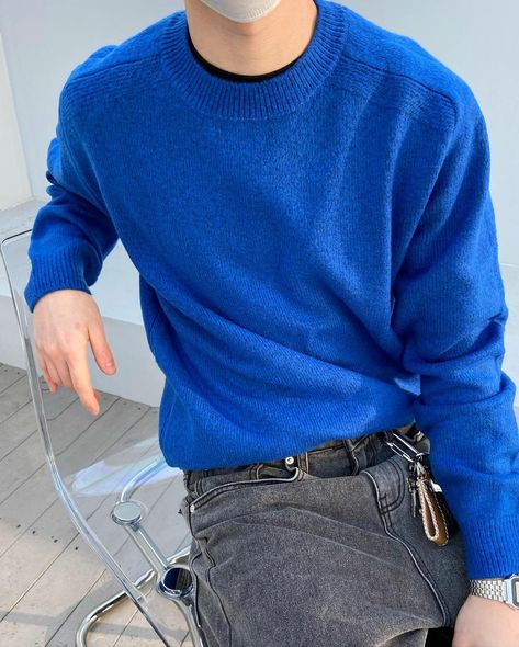 Blue Aesthetic Clothes Men, Royal Blue Outfit Men, Grandpa Clothes Aesthetic, Blue Jumper Outfit, Jumper Outfit Men, Navy Blue Sweater Outfit, Brunch Fits, Blue Outfit Men, Aesthetic Fashion Men