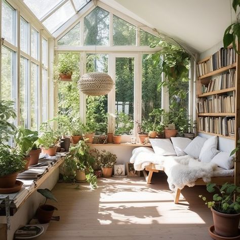 Sunroom Bookshelves, Attached Greenhouse Sunroom, Library Sunroom, Sunroom Library, Sunroom Garden, Sunroom Greenhouse, Country Style Interiors, Sunroom Addition, Three Season Room