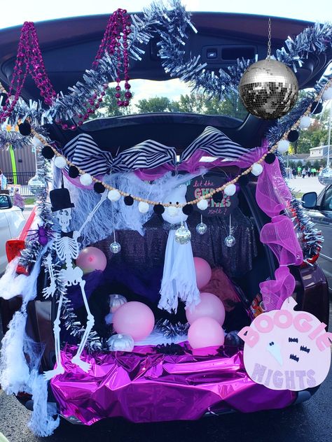 Disco Trunk Or Treat Ideas For Cars, Trunk Or Treat Girly, Disco Ball Trunk Or Treat, Trunk Or Treat Disco Theme, Trunk Or Treat Hello Kitty, Pink Halloween Trunk Or Treat, Monster High Trunk Or Treat, Pink Trunk Or Treat, Trunk Or Treat Barbie Theme