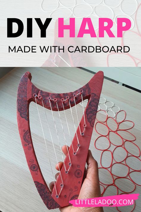 DIY Harp toy made out of cardboard and rubber band Harp Craft Preschool, David Harp Craft, Diy Harp Instrument, Cardboard Musical Instruments Diy, Harp Craft, Cardboard Instruments, Homemade Instruments For School Projects, Music Instruments Crafts For Kids, Diy Instruments Projects