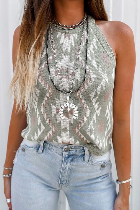 $6.11 Laurel Green Western Tribal Aztec Pattern Knit Sweater Tank Wholesale Casual Sweaters Women, Chic Tank Tops, Laurel Green, Lisa Fischer, Geometric Knit, Aztec Sweater, Aztec Pattern, Sweater Tank, Sweater Tank Top