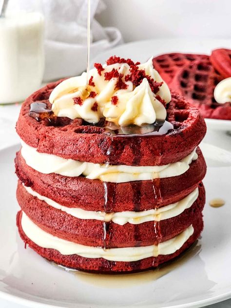 This Red Velvet Cake Mix Waffles with Cream Cheese Frosting is so good and easy to make for any occasion. Easy ingredients for a great treat! Red Velvet Waffles Recipe, Cake Mix Waffles, Waffles With Cream Cheese, Waffle Mix Recipes, Velvet Desserts, Best Waffle Recipe, Red Velvet Waffles, Red Velvet Desserts, Cheese Frosting Recipe