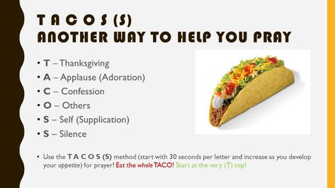 Taco Prayer Method, Tacos Prayer Method, How To Pray Over Your Food, Learning How To Pray, Lesson On Prayer For Kids, Prayer Methods, Teach Me To Pray, Types Of Tacos, Prayer Crafts