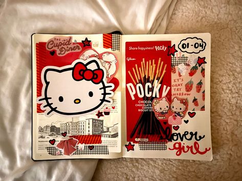 Sanrio Scrapbook Ideas, Hello Kitty Journal Ideas, Sanrio Sketchbook, Scrapbooking Ideas Aesthetic, Scrapbook Ideas Drawing, Hello Kitty Scrapbook, Hello Kitty Journal, School Project Ideas, Deco Journal