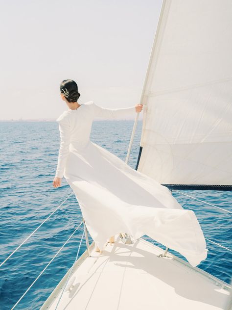 Greece Engagement, Sailboat Elopement, Sailboat Wedding, Eco Friendly Dress, Elevated Fashion, Yacht Wedding, Boat Wedding, Luxury Couple, Pronovias Wedding Dress