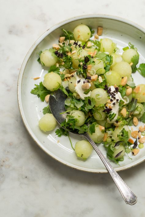 Summer Melon Salad Recipe - Sweet chunks of melon combine with toasted almonds for crunch, serrano chiles and scallions counter the sweet, there's small dollops of crème fraîche, cilantro, and a wash of sake. - from 101Cookbooks.com 101 Cookbooks, Melon Salad, Toasted Almonds, Healthy Salads, Delicious Salads, Soup And Salad, Salad Recipe, Summer Recipes, Cilantro