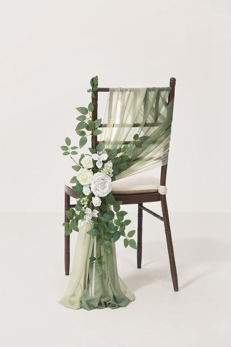 #DrapingFabricSetof816pcs  PACKAGE DETAILS: Package: Set of 8, 16pcs. Campsite draping fabric x8, milky green draping fabric x8. Material: 100% Polyester. Size: Wedding chair sashes length 8', width 7.8". Convenient: Equipped with double-sided heavy-duty, it fits almost any size or type of chair, you just need to put it on the chair, and the tape can keep the sashes in place at the look you want. #ChairFlowerDrapingPackage PACKAGE DETAILS: Package: Chair flower: 8 pieces of flowers. Each wedding chair flower decor is 24" L x 10" W, with fixed 1 ribbon each to easily tie around kinds of chairs. Draping: Set of 8, 16pcs. Campsite draping fabric x8, milky green draping fabric x8. Size: Chair flower: Each is 24" long. Draping: wedding chair sashes length 8', width 7.8". Chair Sashes Wedding, Wedding Chair Covers, Flower Chair, Pew Flowers, Banquet Decor, Pew Decorations, Wedding Chair Sashes, Wedding Isles, Floral Chair