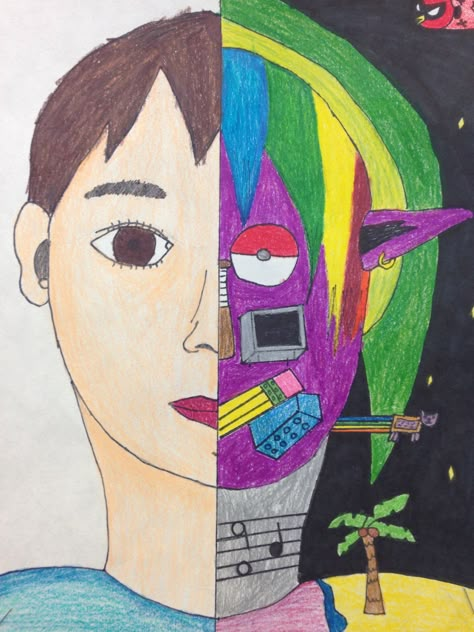 Split face self portrait Split Self Portrait, Split Portrait Drawing, Split Face Self Portrait, Split Face Portrait, Portrait Drawing Ideas, Self Portrait Drawing, Self Portrait Art, 7th Grade Art, 8th Grade Art