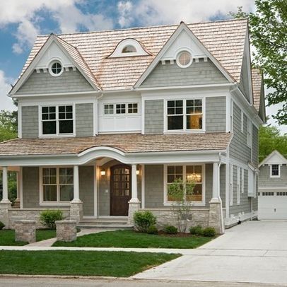 Exterior home colors for a tan roof on Pinterest | Colonial House ... Brown Roof Houses, Craftsman Style Exterior, Brown Roofs, Nantucket Style Homes, Victorian Exterior, Best Exterior Paint, Brown Roof, Gray House, Victorian Farmhouse