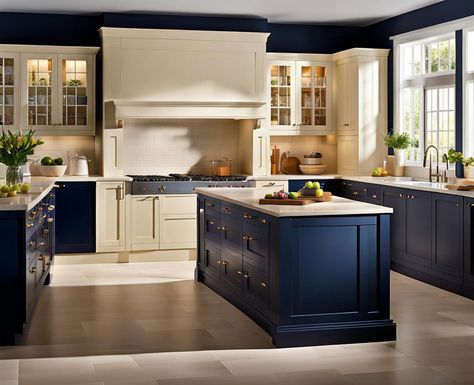 White Kitchen With Navy Blue Island, Navy And Cream Kitchen, Cream Kitchens, Indigo Kitchen, Cream Kitchen Cabinets, Blue Kitchen Designs, Two Tone Kitchen Cabinets, Microwave Cabinet, Kitchen Floors