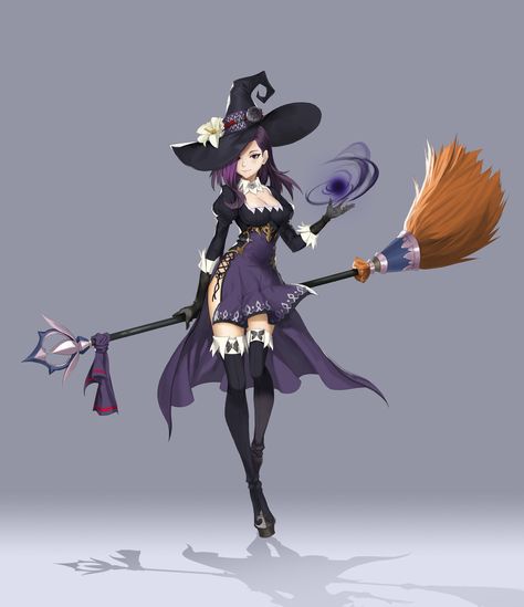 High Witch, jung moon lim on ArtStation at https://www.artstation.com/artwork/L2RGl5 Witch Broom Fantasy Art, Anime Witch Outfit Design, Pose Reference Witch, Witch Reference Pose, Anime Witch Outfit, Witch Pose Reference, Moon Witch Art, Witch Outfit Ideas, Witch Poses