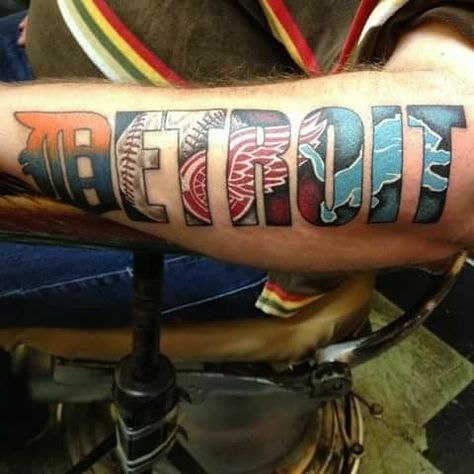 Detroit Tattoo, Michigan Tattoos, State Tattoos, Rip Tattoo, Thigh Sleeve, Sport Tattoos, Detroit Sports, Inked Tattoo, Tiger Tattoo