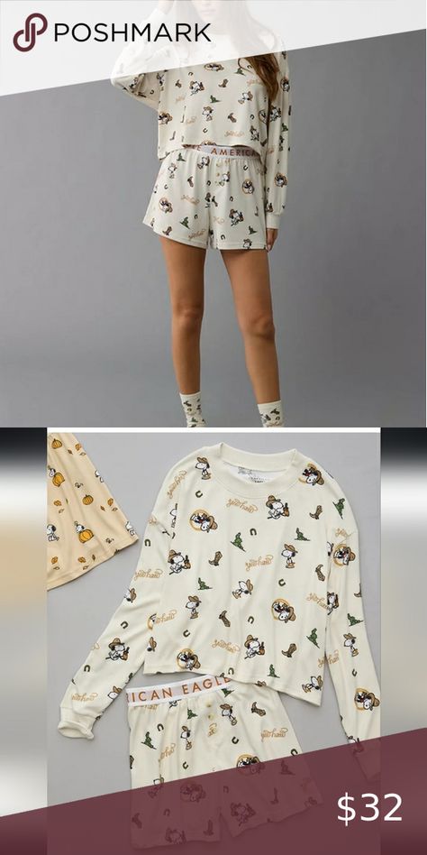 American eagle plush pjs set, western snoopy Pjs Set, American Eagle Outfitters, American Eagle, Snoopy, Closet, Fashion Tips, Clothes Design