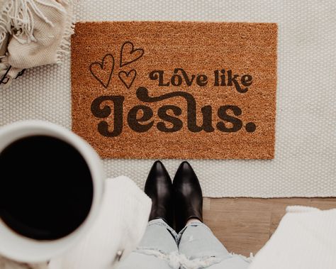 Christian Doormat Christian Outdoor Welcome Mat Jesus Doormat Love Like Jesus Christian Gift Christian Home Decor Religious Welcome Mat by WithAWildflowerLLC on Etsy Christian Room Decor Ideas, Christian House Decor, Christian Room Decor, Doormat Ideas, Luke 12 27, Outdoor Welcome Mat, Three Hearts, Love Like Jesus, Christian Home Decor