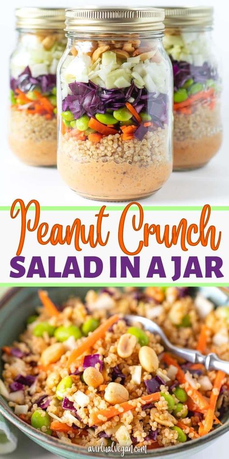 Make healthy, protein packed, super tasty Peanut Crunch Salad in a Jar complete with its own dressing, and you'll have grab-and-go lunches all ready in the fridge for the entire week! Peanut Crunch Salad, Mason Jar Meal Prep, Peanut Crunch, Mason Jar Lunch, Salad Jar Recipe, Crunch Salad, Mason Jar Salad Recipes, Vegetarian Meal Prep, Tasty Lunch