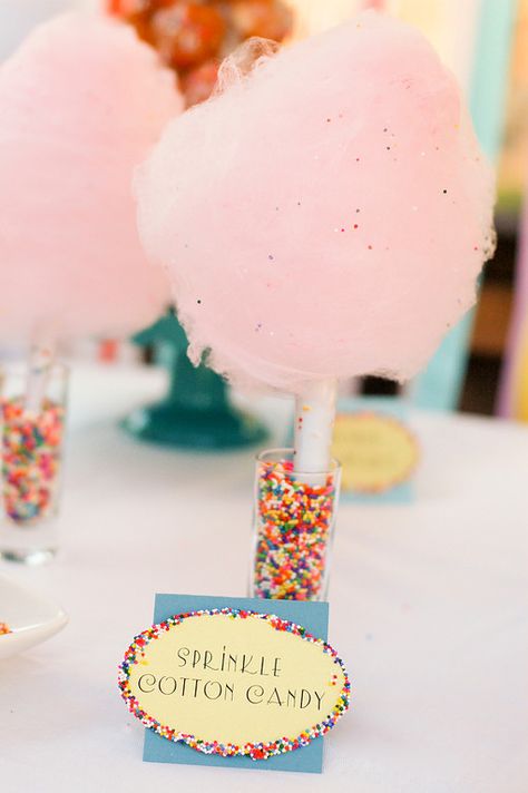 Cotton candy with sprinkle presentation for a candyland birthday #candland #sweets #cottoncandy Sprinkles Birthday Party, Sprinkle Party, Candyland Birthday, Candyland Party, Party Projects, Kids Party Food, Dessert Buffet, Ice Cream Party, Candy Party