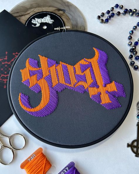 Here’s something completely different from me! A custom Ghost band logo piece! Sometimes it’s good to step out of your comfort zone, and this was one of those times. I really enjoyed doing this piece. Satin stitch is very relaxing, even when it takes me hours to line the stitches up juuuust right 😅 This was a really fun piece and I’m so glad it’s going to such lovely people! . . . @thebandghost #embroidery #embroidered #needlework #handembroidery #fiberart #fibreart #textileart #dmc #thread... Labyrinth Embroidery, Band Embroidery, Dark Embroidery, Ghost Logo, Ghost Band, Out Of Your Comfort Zone, Band Logo, Embroidery On Clothes, Band Logos