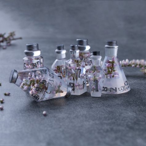 Heather Potion Flower Set of 7 Potion Dice, Floral Bottle Dice Set, Alchemist Bottle for RPG, Dnd Plant Unusual Dice Set. - Etsy Pretty Dnd Dice, D&d Dice, Dnd Gift Ideas, Cool Dnd Dice, Dnd Figures, Dnd Room, Pretty Dice, Dnd Gifts, Dice Goblin