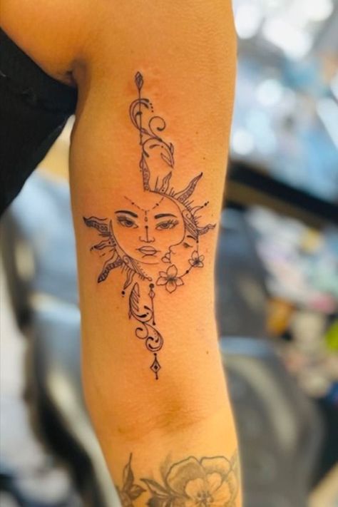 sun tattoo, moon tattoo, spiritual tattoo, fine line tattoo, delicate tattoo, black tattoo, bicep tattoo, tattoo idea for women, witchy tattoo Spiritual Bicep Tattoo, Moon Tattoo Spiritual, Moon Tattoo Fine Line, Tattoo Idea For Women, Wisdom Tattoo, Tattoo Bicep, Spiritual Tattoo, Tattoo Fine Line, Chakra Tattoo