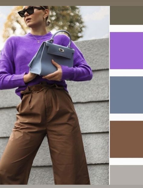 Brown Purple Outfit, Violet Pants Outfit, Brown And Purple Outfit, Purple And Brown Outfit, Green And Purple Outfit, Color Analysis Summer, Colour Combinations Fashion, Color Combos Outfit, Color Blocking Outfits