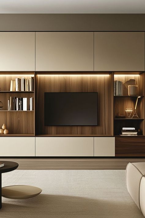 Tv Equipment Storage Ideas, Asymmetrical Entertainment Wall, Tv Wall Design Built In, Modern Built In Media Wall, Bedroom Built Ins Around Tv, Tv Wall Unit Ideas Living Room, Living Room Tv Wall With Storage, Media Wall Storage, Media Wall In Bedroom