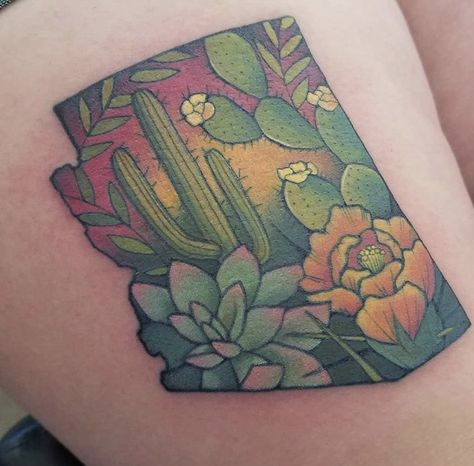 Arizona State Tattoo Ideas, Desert Scene Tattoo Sleeve, Saguaro Cactus Flower Tattoo, Arizona Flag Tattoo, Arizona State Tattoo, Desert Tattoo Ideas Arizona, Arizona Themed Tattoos, Arizona Tattoo For Women, 2023 Tatoos