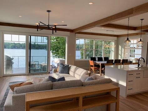 Lake House Contemporary, Lake View Living Room Big Windows, Masculine Lake House, Waterfront Interior Design, Modern Lakehouse Bedroom, Modern Lake House Bathroom, Modern Lakehouse Interiors, Lake House Kitchen Design, Midcentury Lakehouse