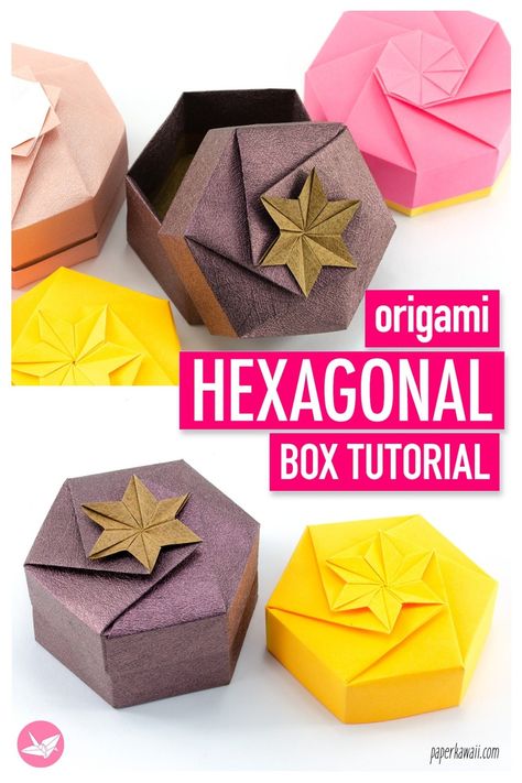 This tutorial will teach you how to make a six sided hexagonal origami gift box. Using one sheet of paper for each the box and lid. You can customise the top of the lid in many ways too. Origami Kutu, Maths Project, Origami Folds, Gift Box Tutorial, Origami Box Tutorial, Box Origami, Paper Kawaii, Origami Boxes, Origami Gift Box