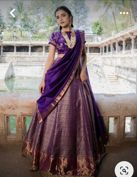 Pattu Lehenga Blouse Designs Crop Tops, Purple Half Saree South Indian, Pattu Lehenga Half Saree Indian Dresses, Half Saree Draping, Purple Half Saree, Pattu Lehenga Half Saree, Banaras Lehenga, Hamel Patel, Eat More Fruit