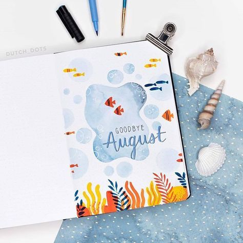 Ocean Bullet Journal, August Bullet Journal Ideas, Goodbye August, August Bullet Journal, Bullet Journal Monthly Spread, Bullet Journal Page, Bullet Journal Ideas Templates, Journal Layouts, Bullet Journal Cover Ideas