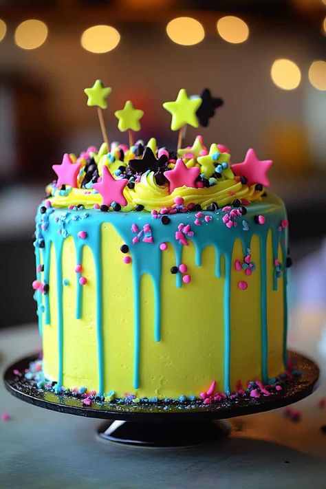 Neon Cake Ideas, Neon Bday Party, 90s Rave Party, Neon Birthday Cakes, Neon Cake, Glow Cake, Neon Cakes, Checkerboard Cake, Geometric Cake