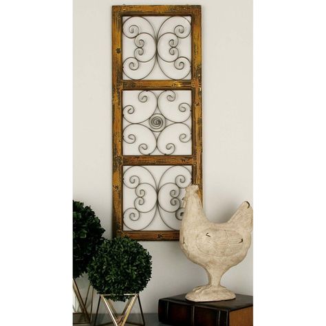 DecMode 14W x 36H in. Farmhouse Wood and Iron Band Wall Panel Scrollwork Pattern, Ornamental Wood, Metal Wall Panel, Wall Panel Design, Wooden Wall Panels, Rustic Traditional, Decorative Wall Panels, Wood Windows, Wood Panel Walls