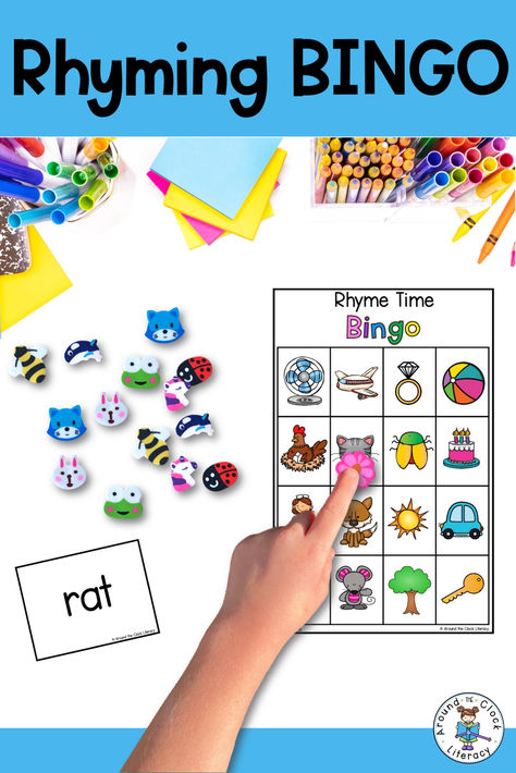 Boost your students' phonemic awareness and rhyming skills with this fun Rhyming Bingo Game! Early learners will enjoy finding and matching rhyming pictures to words called, making it a perfect hands-on activity for your lesson plans or small group instruction.  #RhymingGame #PhonemicAwareness #LiteracyCenters #KindergartenActivities #HandsOnLearning #EarlyLearners #SmallGroupInstruction #TeacherResources #AroundTheClockLiteracy Rhyme Activities Preschool, Rhyming Preschool Activities, Rhyming Lessons For Kindergarten, Rhyming Games 1st Grade, Fun Rhyming Activities Kindergarten, Free Preschool Rhyming Activities, Rhyming Words Pictures, Rhyming Activities Preschool, Phonological Awareness Activities Prek Rhyming Games