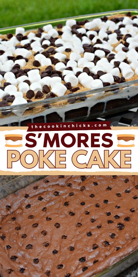 A tasty summer dessert idea for a simple 4th of July dessert! This S’mores Poke Cake recipe transform your boxed cake mix into a delectable summer dessert full of yummy layers. The perfect way to cap off a summer gathering! Cakes For Bbq Party, Easy S’mores Poke Cake, Chocolate Potluck Desserts, Dessert Recipes Labor Day, Desserts To Take To A Cookout, Bbq Cookout Desserts, Easy Lazy Desserts, Desserts For Team Dinners, Marshmallow Chocolate Poke Cake Recipe