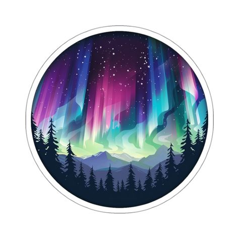 Capture the magic of the Alaskan wilderness with this stunning Northern Lights sticker. This piece brings the enchanting aurora borealis right to your fingertips, surrounded by a serene landscape of towering mountains and dense forests, all under a star-filled night sky. The vibrant neon greens, purples, and blues pop against the white background, creating a mesmerizing scene that's hard to look away from.  Crafted with care, this sticker is made from 100% vinyl with a stylish glossy finish, ens Aurora Borealis Graphic Design, Lights Tattoo, Northern Lights Tattoo, Fantasy Wolves, Random Reference, Alaskan Wilderness, Diy Landscape, Key Tattoo, Fantasy Wolf