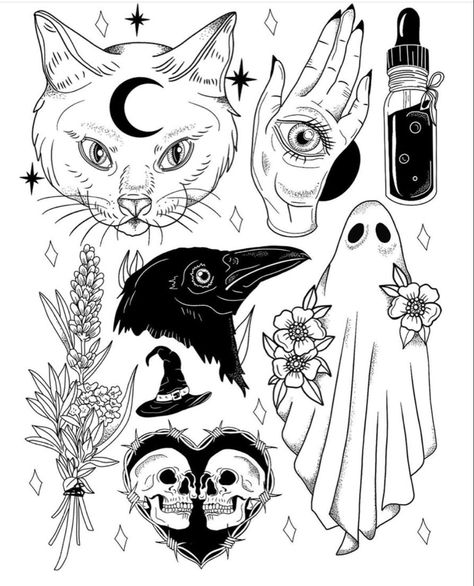 Flash Art Tattoos, Art Flash, Kunst Tattoos, Witch Tattoo, Flash Tattoo Designs, Tattoo Flash Sheet, Spooky Tattoos, Halloween Tattoo, Tiny Tattoo