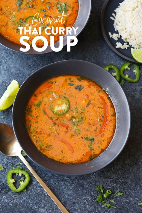 his Spicy Coconut Thai Curry Soup is the perfect weeknight meal. It is packed with veggies, healthy fats, and a ton of flavor! It's ready in 30-minutes and this Vegetable Curry Soup is great for meal-prep throughout the week. Vegetable Curry Soup, Thai Curry Soup, Thai Coconut Curry Soup, Thai Vegan, Soup Spicy, Thai Coconut Curry, Recipes Chili, Coconut Curry Soup, Homemade Goodies