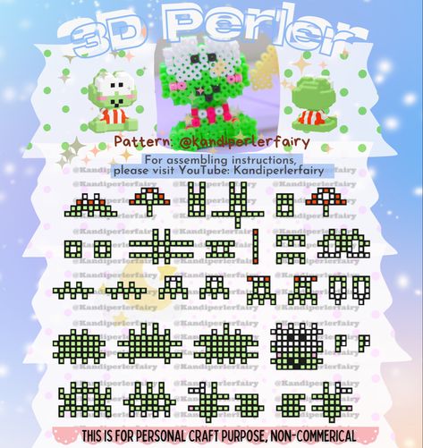 3dperler beads pattern & turorial to makw Keroppi character Meaty Beads, Perler Beads Art, Melts Beads, Perler Beads Pattern, Origami Turkey, 3d Beads, Perler Pattern, Easy Perler Bead Patterns, Pearl Beads Pattern