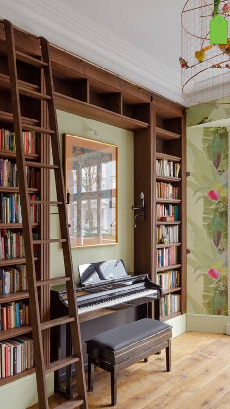 Combine two loves in one space - music and books.  Love! Piano Room Design, Piano Living Rooms, Home Library Rooms, Home Music Rooms, Piano Room, Home Library Design, Home Libraries, A Living Room, Home Library