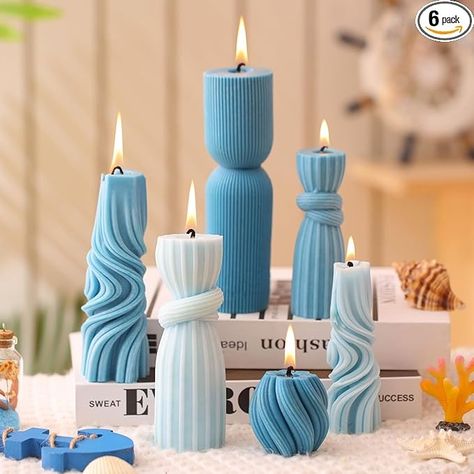 Amazon.com: Threlaco 6 Pcs Small Pillar Candles Aesthetic Candle Modern Ribbed Candles Set Cute Soy Wax Scented Ribbed Candle Twirl Geometric Decorative Candles for Home Decor for Living Room Bathroom(Blue) : Home & Kitchen Swirl Aesthetic, Ribbed Candles, Bathroom Purple, Candle Modern, Bathroom Blue, Cylinder Candles, Aesthetic Candle, Candles Aesthetic, Purple Bathrooms