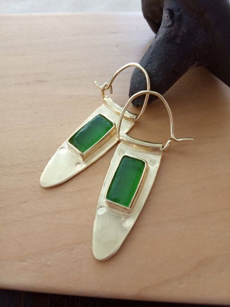 Thanks for the kind words! ★★★★★ "The earrings are well made, beautifully designed, and the green glass is lovely." Valerie Moss https://etsy.me/32360Ou #etsy #green #gold #rectangle #geometric #women #glass #earlobe #no #yes Hacienda Wedding, Earrings Gold Hoops, Silver Gold Earrings, Carnelian Jewelry, Ear Jacket Earring, Ancient Designs, Jewelry Beach, Hammered Earrings, Unusual Earrings