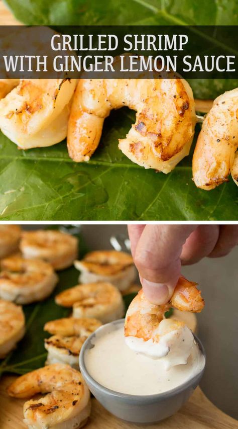 These Grilled Shrimp with Ginger Lemon Dipping sauce are  really quick and easy to make. Sweet shrimp are marinated in lemon, garlic, salt and pepper, then grilled. The ginger lemon dipping sauce is the perfect accompaniment for a dish that is the perfect appetizer. #grilledshrimp #shrimpskewers #shrimpgingerlemonsauce Lemon Dipping Sauce, Food Rocks, Puff Pastry Shells, Sweet Shrimp, Cranberry Pistachio, Shrimp Skewers, Shellfish Recipes, Bbq Food, Best Appetizer Recipes