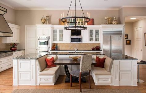 10 Kitchen Islands That Feature Banquette Seating Kitchen Island Booth, Island Booth, Seating In Kitchen, Booth Seating In Kitchen, White Beadboard, Banquette Seating In Kitchen, Portfolio Project, Kitchen Banquette, Round Wood Dining Table