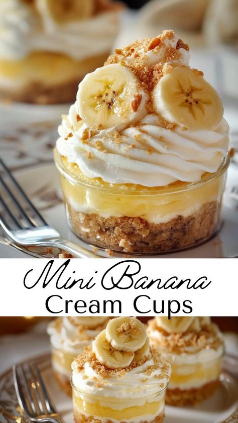 These Mini Banana Cream Cups bring together creamy banana filling and a whipped topping in a bite-sized form that’s perfect for fall festivities. With smooth, luscious flavors in every spoonful, they’re an easy dessert to make and a joy to share. Bring the taste of classic banana cream pie to your autumn table in an elegant, miniature style. Easy Dessert With Bananas, Banana Dessert Cups, Mini Banana Desserts, Weekday Dessert Ideas, Tropical Party Treats, Cookies And Cream Dessert Cups, Easy Dessert For Guests, Best Individual Desserts, Fancy Party Desserts