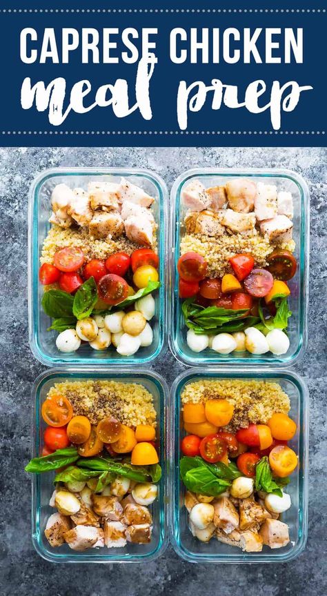 Caprese chicken salad meal prep bowls bring a dose of summer to your lunch. With baked chicken, fresh cherry tomatoes, baby bocconcini, quinoa and basil leaves all drizzled in a balsamic vinaigrette. #sweetpeasandsaffron #mealprep #salad #chicken #quinoa Chicken Salad Meal Prep, Chicken Fresh, Fresh Cherry, Salad Meal Prep, Prep Bowls, Caprese Chicken, Lunch Bowl, Chicken Meal Prep, Prepped Lunches