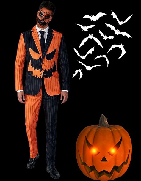 - 100% Polyester - Imported - Button closure - Machine Wash - JACK-O PINSTRIPE: Pumpkins! It's time to get spooky! This Jack-o Lantern Pumpkin Suit is great for office parties and Scary Halloween festivities at night! Pumpkin Man Costume, Pumpkin Costume Adult, Jack O Lantern Costume, Pumpkin Suit, Pumpkin Eater, Evil Pumpkin, Pumpkin Halloween Costume, Homemade Halloween Decorations, Pumpkin Man