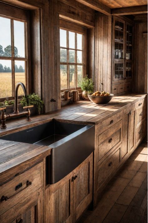 Rustic kitchen featuring copper elements and wood cabinets Reclaimed Wood Kitchen Cabinets, Log Cabin Kitchens Cabinets, Cabin Kitchen Cabinets, Log Kitchen, Rustic Kitchen Cabinet, Rustic Wood Cabinets, Timeless Kitchen Design, Kitchen Cabinet Inspiration, Farmhouse Kitchen Inspiration