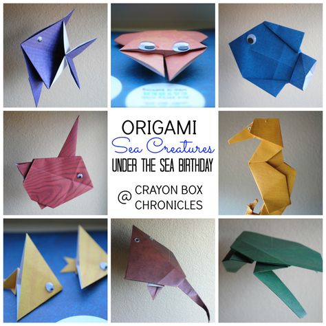 Origami Sea Creatures for Under The Sea Birthday by Crayon Box Chronicles Origami Sea Creatures, Origami Water Lily, Ocean Party Favors, Origami Guide, Wild Kratts Birthday Party, Origami Table, Origami And Quilling, Vbs Themes, Under The Sea Birthday