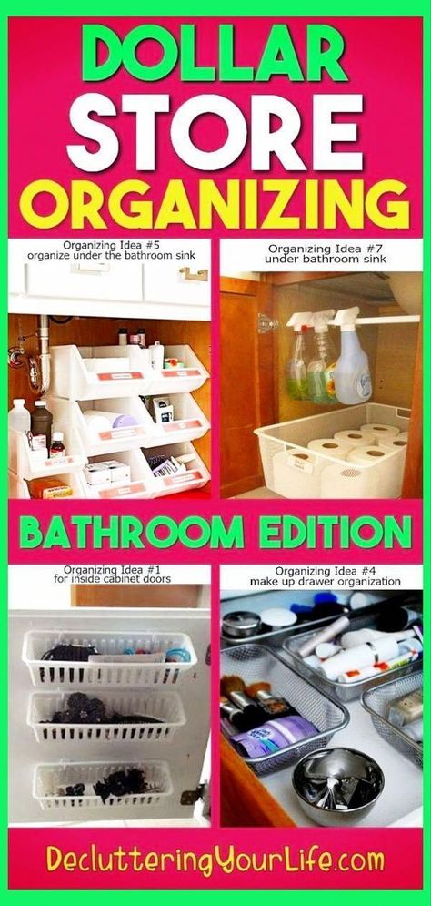 Dollar Store DIY Organization Bathroom Storage Solutions for Bathroom Clutter - Getting organized at home declutter and organize bathroom with Dollar Stores and Dollar Tree organizing ideas for all small spaces in your bathroom (under sink, vanities, cabinet doors, hair tools, drawers, cleaning supplies, shelves) Cheap bathroom organization ideas for clutter control made EASY! #bathroomstorage Small Bathroom Storage Diy, Organizing Bathroom, Under Bathroom Sink, Bathroom Organization Ideas, Bathroom Under Sink, Bathroom Organization Hacks, Dollar Tree Organization, Dollar Store Diy Organization, Diy Organizer