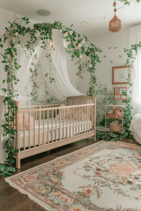 39  Whimsical Wildflower Nursery Ideas Whimsical Fairy Nursery, Neverland Nursery Girl, Forest Fairy Nursery, Unique Baby Nursery Ideas, Fairycore Nursery, Hobbit Nursery Theme, Fairy Themed Nursery, Cottagecore Baby Room, Fairytale Nursery Theme